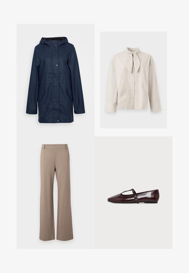 Marine waterdichte regenjas met capuchon, drukknoopsluiting, twee zijzakken en verstelbaar trekkoord bij de hals. Glad van textuur.; Beige blouse met lange mouwen en knopen, een gestrikte halsdetail en brede manchetten aan de mouwen, afgebeeld op een effen lichte achtergrond.; Bruine wijde broek gemaakt van zacht materiaal, met een gladde textuur, platte tailleband en zonder zichtbare patronen of hardwaredetails.; Donker bordeauxrode leren platte schoen met een puntige neus en een dunne T-strap met een zilveren gesp op een witte achtergrond.