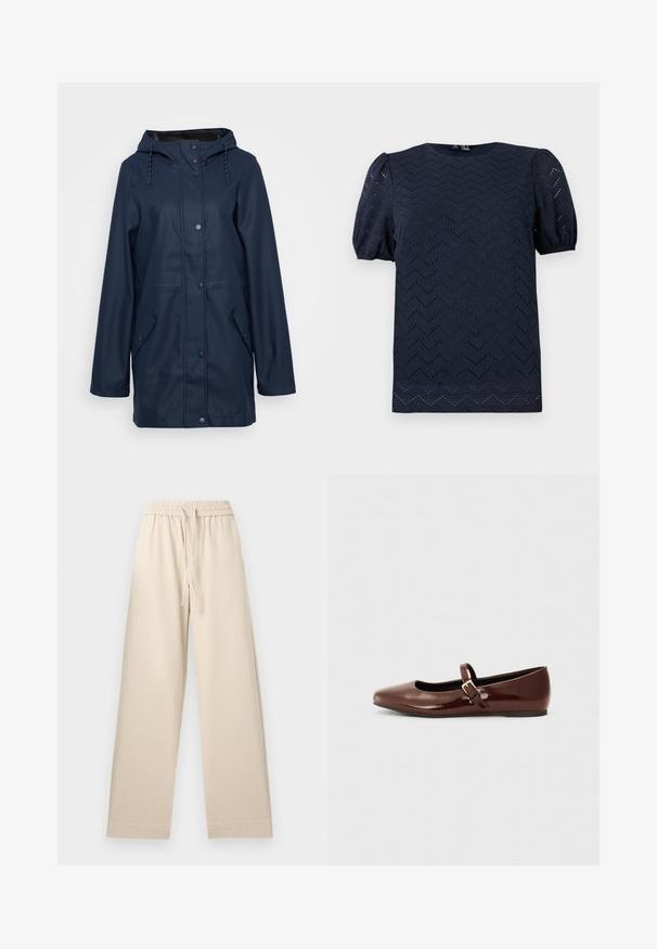 Marine waterdichte regenjas met capuchon, drukknoopsluiting, twee zijzakken en verstelbaar trekkoord bij de hals. Glad van textuur.; Marineblauwe blouse met korte pofmouwen en zigzag opengewerkt patroon over de hele stof.; Beige wijde broek met elastische tailleband en trekkoord, rechte zoom en geen zichtbare zakken, plat neergelegd op een lichte achtergrond.; Bruine gepatineerde leren balletschoen met een vierkante neus en een bandje met een kleine gouden gesp. Gladde textuur, lage hak en minimalistisch ontwerp.