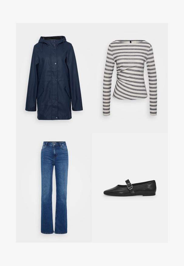 Chaqueta de lluvia impermeable en color navy con capucha, botones a presión, dos bolsillos laterales y cordón ajustable en el cuello. Textura suave.; Camiseta de manga larga en tejido acanalado con franjas alternas en blanco y negro, que presenta un detalle fruncido en la cintura y un escote ancho.; Vaqueros de tiro alto y pernera acampanada en denim azul oscuro. Presenta cinco bolsillos, costuras sutiles y un cierre de botón. Textura suave con un corte clásico.; Zapato plano de cuero negro con punta redondeada, una sola correa ajustable con hebilla y una textura suave y brillante. Diseño minimalista con un tacón bajo.