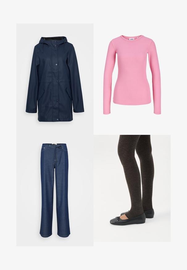 Marinen vandtæt regnjakke med hætte, trykknapper, to sidelommer og justerbar snor ved halsudskæringen. Glat tekstur.; Pink ribbet, tætsiddende langærmet top med rund halsudskæring og synligt JJXX-mærke inde i kraven.; Dunjbukser i mørkeblå med en afslappet pasform, elastisk talje, snoretræksdetalje og kontrastfarvet hvid syning.; Ben iført mørke ribbede leggings kombineret med sorte balletsko med små sløjfedetaljer på hvid baggrund.