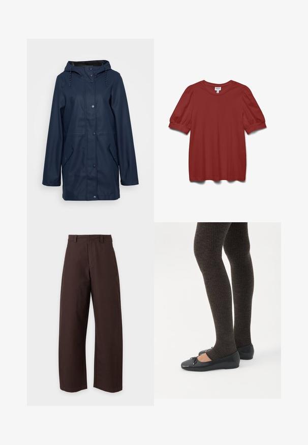 Marine waterdichte regenjas met capuchon, drukknoopsluiting, twee zijzakken en verstelbaar trekkoord bij de hals. Glad van textuur.; Roodbruine korte mouwen blouse met pofmouwen, een ronde hals en een aansluitend manchetdetail.; Bruine rechte broek met riemlussen en voorsluiting, weergegeven tegen een effen witte achtergrond.; Benen met donkere geribbelde leggings gecombineerd met zwarte ballerina's met kleine strikdetails op een witte achtergrond.