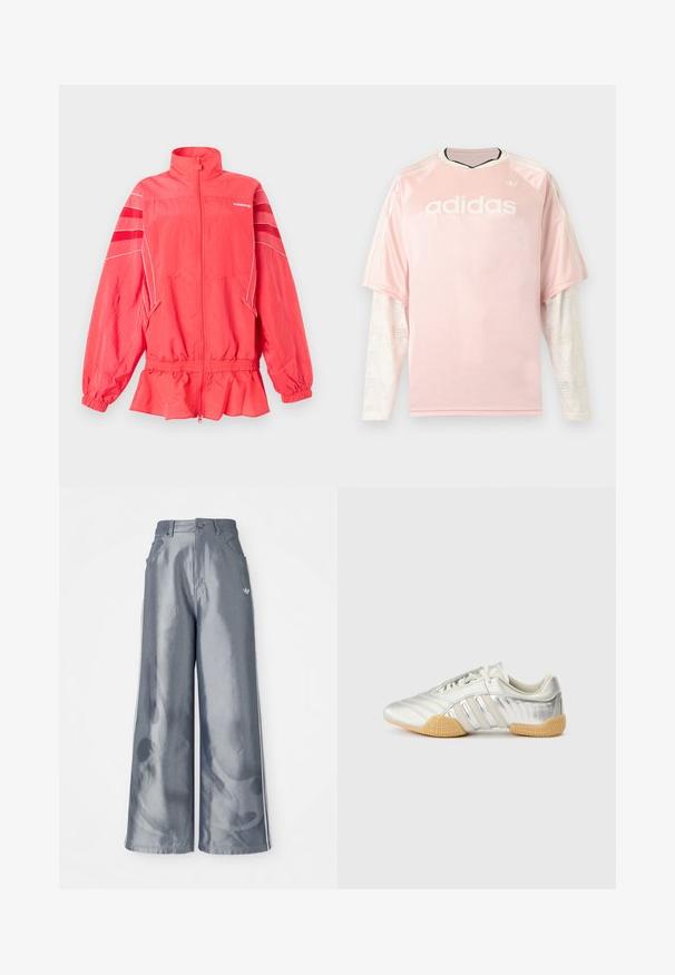 Ζακέτα Adidas σε κοραλλί ροζ με φερμουάρ, ψηλό γιακά, ελαστική μέση και μανσέτες, λευκή επένδυση και διαγώνιες ρίγες στα μανίκια.; Ροζ μακρυμάνικη μπλούζα Adidas με λευκά μανίκια από δίχτυ με σχέδια και λογότυπο Adidas στο στήθος σε γκρι φόντο.; Παντελόνια με φαρδιά πόδια από γυαλιστερό γκρι υλικό, που διαθέτουν άσπρες λωρίδες στα πλάγια και σχέδιο φλόγας στα κάτω άκρα. Κλείσιμο με κουμπί και φερμουάρ στη μέση.; Αθλητικό παπούτσι σε ασημί χρώμα με λείο δερμάτινο πάνω μέρος, ελαστική σόλα και υφασμένους διακοσμητικούς τόνους. Διαθέτει καμπυλωτό σχέδιο και κορδόνια στο ίδιο χρώμα.