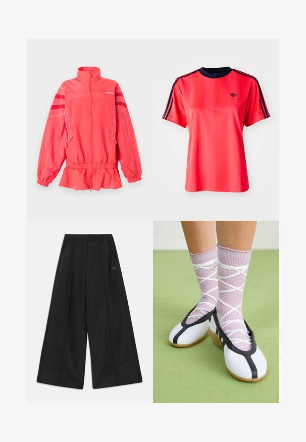Ζακέτα Adidas σε κοραλλί ροζ με φερμουάρ, ψηλό γιακά, ελαστική μέση και μανσέτες, λευκή επένδυση και διαγώνιες ρίγες στα μανίκια.; Κόκκινη αθλητική μπλούζα με κοντά μανίκια, με κατακόρυφες ρίγες, ναυτικό λαιμό και ένα μικρό μαύρο λογότυπο μπροστά.; Μαύρο παντελόνι με φαρδιά μπατζάκια, πλαϊνές τσέπες, θηλιές για ζώνη, πτυχώσεις στο εμπρός μέρος και μικρό λογότυπο Adidas στη δεξιά πλευρά.; Πόδια που φορούν ριμπ πλεκτές μωβ κάλτσες με λευκούς σταυρωτούς ιμάντες, συνδυασμένες με λευκές μπαλαρίνες με μαύρη επένδυση σε πράσινο πάτωμα.