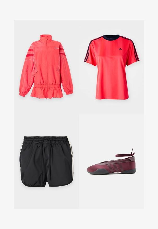 Ζακέτα Adidas σε κοραλλί ροζ με φερμουάρ, ψηλό γιακά, ελαστική μέση και μανσέτες, λευκή επένδυση και διαγώνιες ρίγες στα μανίκια.; Κόκκινη αθλητική μπλούζα με κοντά μανίκια, με κατακόρυφες ρίγες, ναυτικό λαιμό και ένα μικρό μαύρο λογότυπο μπροστά.; Μαύρο αθλητικό σορτς με ελαστική μέση και κορδόνι, με λευκές πλαϊνές ρίγες και στρογγυλεμένες ραφές.; Μπαλαρίνα σε μπορντό με μαύρη σόλα, ελαστικούς ιμάντες στον αστράγαλο δεμένους σε φιόγκο και ραφές στις πλευρές, εμφανιζόμενη από την εξωτερική πλευρά.