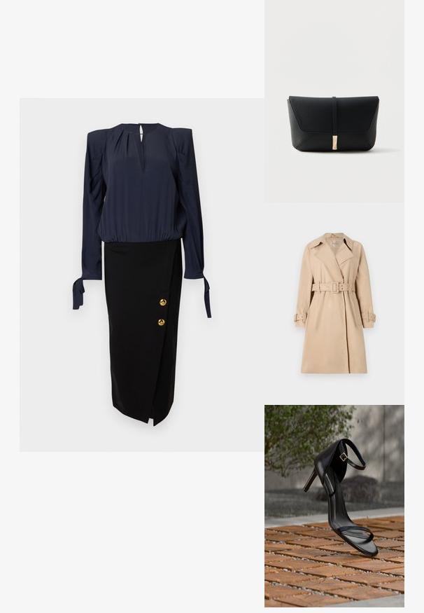 Beige trenchcoat van een soepele stof, met een ceintuur in de taille, brede revers en knoopmanchetten. Voorzien van twee voorzakken.; Marineblouse met pofmouwen en een keyhole-halslijn, gecombineerd met een zwarte kokerrok met gouden knoopaccenten aan de zijkant.; Zwarte hoge hak sandaal met enkelbandje zweeft boven een houten tegelvloer buiten, met een onscherpe groene en stenen achtergrond.; Zwart gestructureerd leren clutch-portemonnee met een voorklep die wordt vastgemaakt met een dunne band en een gouden rechthoekige sluiting.