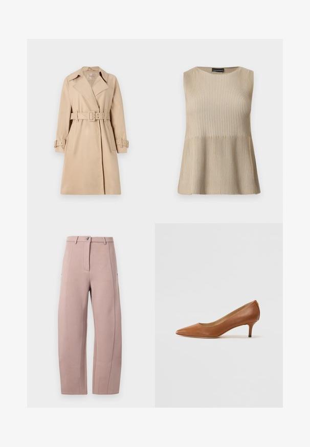 Beige trenchcoat van een soepele stof, met een ceintuur in de taille, brede revers en knoopmanchetten. Voorzien van twee voorzakken.; Mouwloos beige geribd gebreid topje met ronde halslijn en uitlopende zoom, gepresenteerd tegen een witte achtergrond.; Broek in zacht, lichtroze stof met een rechte snit, voorzien van een voorrits, een knoopsluiting en zijzakken. Glad textuur met naden details.; Lauren Ralph Lauren ADRIENNE - Klassieke pumps - deep saddle tan