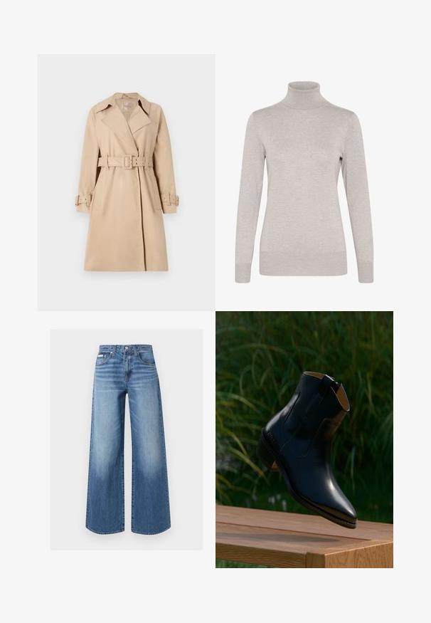 Beige trenchcoat van een soepele stof, met een ceintuur in de taille, brede revers en knoopmanchetten. Voorzien van twee voorzakken.; Lichtgrijze coltrui gemaakt van geribbelde brei-stof, met lange mouwen en een getailleerde pasvorm, met een zachte textuur door het geheel.; Blauwe wijde denim jeans met vooraan een knoop en rits, vijfzakkenmodel en subtiele vervaagde details op de dijen en knieën.; Zwarte leren enkelboot die boven een houten oppervlak zweeft met een vervaagde groene grasachtergrond, die het slanke ontwerp en de zijhandgreep toont.