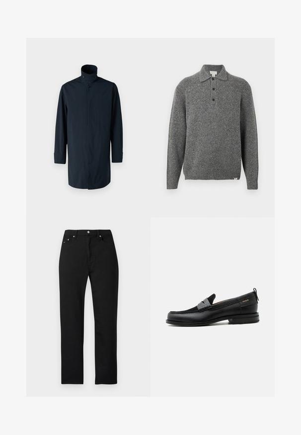 Marineblaue Windbreaker-Jacke mit hohem Kragen, Doppelknopfverschluss, langen Ärmeln und Seitentaschen. Hergestellt aus leichtem, wasserabweisendem Material.; Grauer gestrickter Pullover mit Polokragen, Fünf-Knopf-Leiste, langen Ärmeln und gerippten Bündchen; zeichnet sich durch einen strukturierten Stoff mit dezenten Sprenkeln aus.; Schwarze Denim-Jeans mit geradem Bein, fünf Taschen, silbernen Knöpfen und Nietenakzenten sowie einer glatten Textur.; Schwarzer Lederloafer mit grauem Riemendetail, niedrigem Absatz und strukturierter Sohle, seitlich mit „HUGO“ in Gold gebrandmarkt.