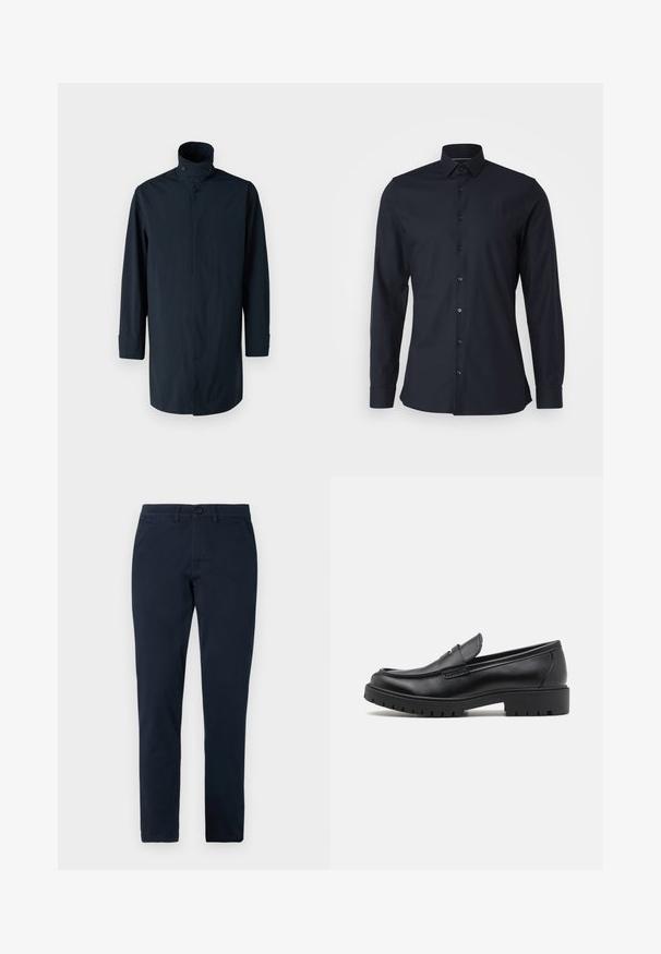 Marineblaue Windbreaker-Jacke mit hohem Kragen, Doppelknopfverschluss, langen Ärmeln und Seitentaschen. Hergestellt aus leichtem, wasserabweisendem Material.; Dunkelblaues Hemd mit Knopfverschluss, klassischem Kragen, langen Ärmeln und glattem Baumwollstoff. Verfügt über passende Knöpfe entlang der Vorderseite.; Herren Slim-Fit schwarze Hose mit vorderem Knopf- und Reißverschluss, Gürtelschlaufen und Seitentaschen.; Schwarze Lederloafers mit runder Zehenform, eleganter Schlupfdesign und dicker Gummisohle mit strukturiertem Griff. Erhöhter Absatz und dezente Nähdetails.