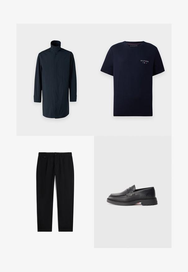 Marineblaue Windbreaker-Jacke mit hohem Kragen, Doppelknopfverschluss, langen Ärmeln und Seitentaschen. Hergestellt aus leichtem, wasserabweisendem Material.; Navyblaue Baumwoll-T-Shirt mit kurzen Ärmeln, rundem Ausschnitt und einem kleinen weißen Logo "HILFIGER 1985" auf der Brust. Weiche Textur.; Schwarze formelle Hose mit Knopf- und Reißverschluss, Seitentaschen und Gürtelschlaufen, auf weißem Hintergrund dargestellt.; Schwarze Leder-Lenker mit runder Spitze, erhobenem Naht und dicker Gummisohle. Schlichtes Design mit minimaler Markenpräsenz an der Seite.