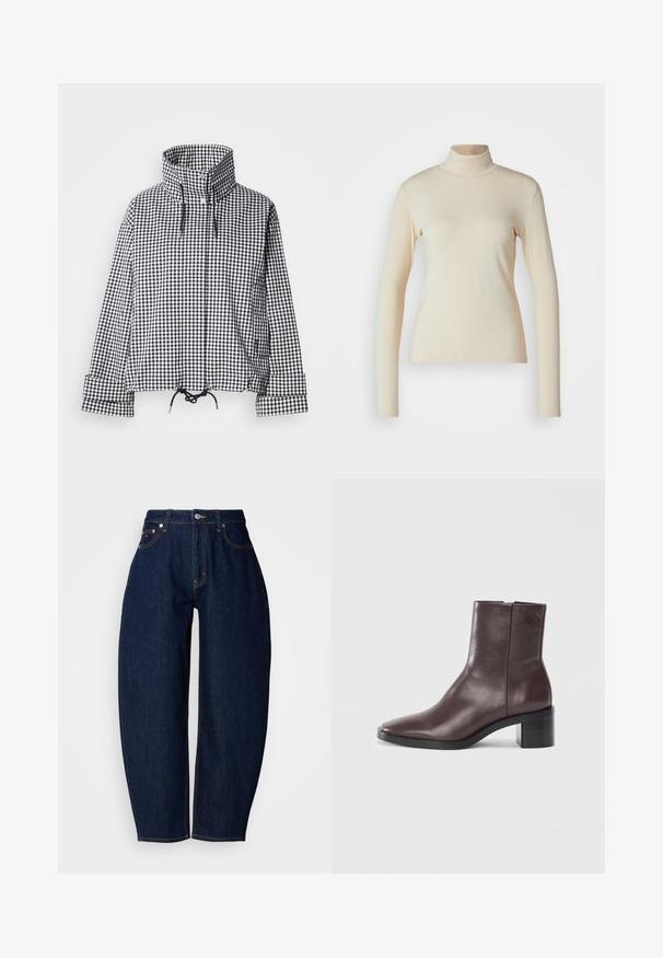 Veste à carreaux noir et blanc avec col montant, boutons-pression à l'avant, ourlet réglable avec cordon de serrage et manches longues avec détails aux poignets.; Haut à col roulé à manches longues de couleur crème, fabriqué en tissu lisse et extensible ; design ajusté avec un col haut et sans motifs ni accents visibles.; Jean en denim bleu foncé avec une coupe décontractée, jambes droites, design à cinq poches et surpiqûres jaunes contrastantes. Fermeture à bouton métallique à la taille.; Bottine en cuir marron foncé avec un orteil carré, un talon bloc et un logo embossé subtil près du haut sur fond blanc uni.