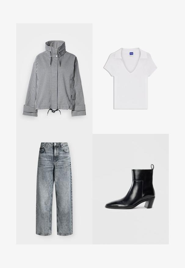 Veste à carreaux noir et blanc avec col montant, boutons-pression à l'avant, ourlet réglable avec cordon de serrage et manches longues avec détails aux poignets.; Chemise blanche à manches courtes avec col en V et large col, en tissu texturé, avec une étiquette bleue « HUGO » à l'intérieur de l'encolure.; Jean taille haute à jambes droites en denim gris délavé avec poches avant, passants de ceinture et fermeture par bouton.; Bottine en cuir noir avec un bout pointu, un talon empilé géométrique et une languette à l'arrière. Texture lisse et design épuré.
