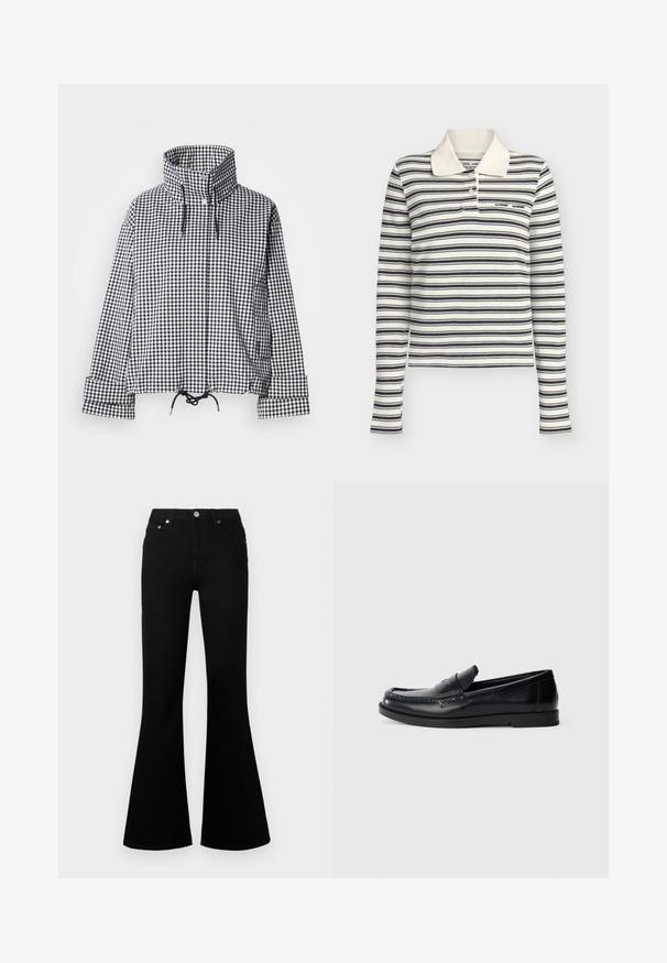 Veste à carreaux noir et blanc avec col montant, boutons-pression à l'avant, ourlet réglable avec cordon de serrage et manches longues avec détails aux poignets.; Polo blanc à manches longues avec des rayures horizontales noires et deux boutons au col.; Jean noir évasé à taille haute, avec passants pour ceinture, fermeture à bouton sur le devant, et design classique à cinq poches. Texture denim lisse.; Mocassins en cuir noir avec un design d'accent cousu, bout rond, semelle plate en caoutchouc et finition lisse. Silhouette classique et polyvalente.
