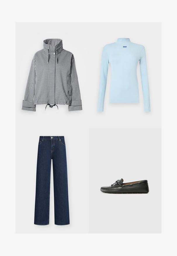 Veste à carreaux noir et blanc avec col montant, boutons-pression à l'avant, ourlet réglable avec cordon de serrage et manches longues avec détails aux poignets.; Haut à col roulé à manches longues bleu clair en tissu côtelé, avec un petit logo bleu sur la poitrine et une coupe ajustée.; Jean en denim bleu foncé coupe droite avec poches avant, passants de ceinture, fermeture par bouton et détails de couture visibles.; Bateau en cuir noir avec un bout arrondi, des détails de couture, un petit accent en nœud et une semelle en caoutchouc. Texture lisse et design épuré.