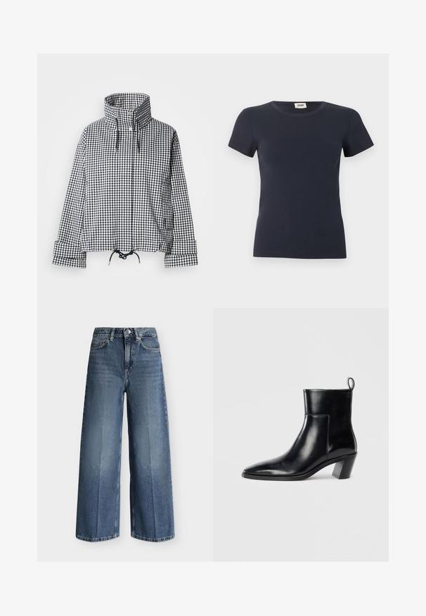 Veste à carreaux noir et blanc avec col montant, boutons-pression à l'avant, ourlet réglable avec cordon de serrage et manches longues avec détails aux poignets.; T-shirt bleu marine à manches courtes en maille côtelée avec col rond et étiquette Drykorn à l'intérieur du col arrière.; Jean en denim bleu à jambes larges avec une ceinture élastiquée, une fermeture par boutons devant et des poches frontales sur fond blanc.; Bottine en cuir noir avec un bout pointu, un talon empilé géométrique et une languette à l'arrière. Texture lisse et design épuré.