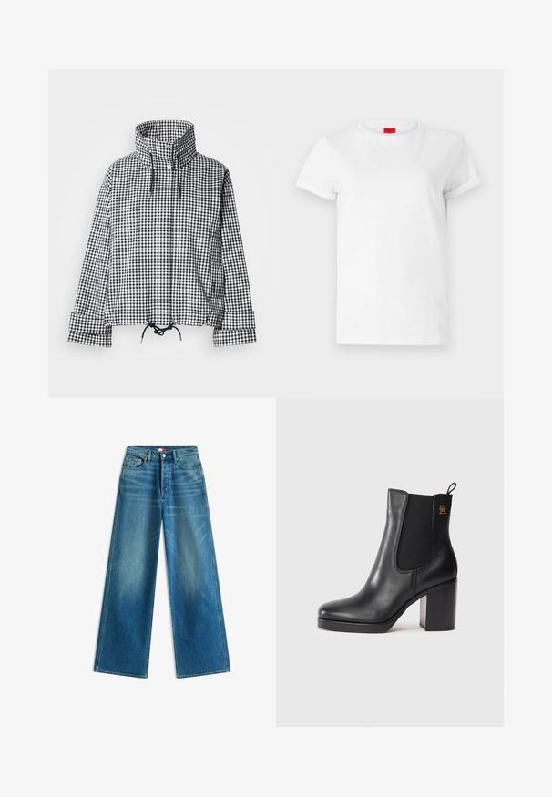 Veste à carreaux noir et blanc avec col montant, boutons-pression à l'avant, ourlet réglable avec cordon de serrage et manches longues avec détails aux poignets.; T-shirt blanc à manches courtes en coton léger. Présente un col rond et des manches retroussées. Étiquette logo rouge sur le col.; Jean bleu à jambes larges avec poches avant, passants de ceinture, fermeture par bouton et petits détails du drapeau de la marque sur la poche et à la taille.; Bottines en cuir noir avec talon bloc, panneau élastique sur les côtés, languette d'enfilage et petit logo doré sur le dessus.