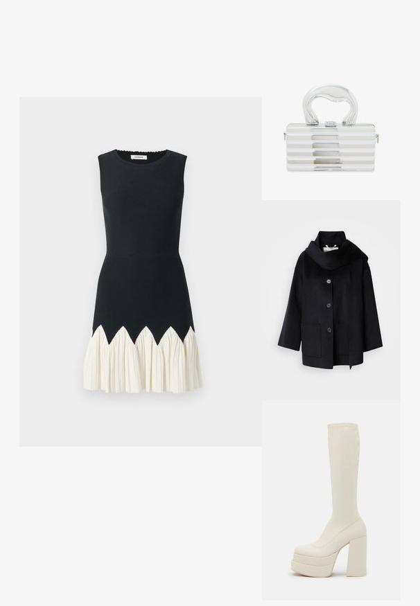 Manteau en laine noire avec un large col châle, quatre boutons et deux poches avant. Présente une coupe décontractée et une silhouette légèrement cintrée.; Robe sans manches avec un corsage noir ajusté, ourlet en crème avec volants présentant un motif en zigzag. Texture lisse, encolure ronde, longueur mi-cuisse.; Steve Madden CYPRESS - Bottes à plateau - off white; Sac à main argent métallique de forme rectangulaire, avec des rainures horizontales, une poignée incurvée et une fermeture à clasp sur le devant.