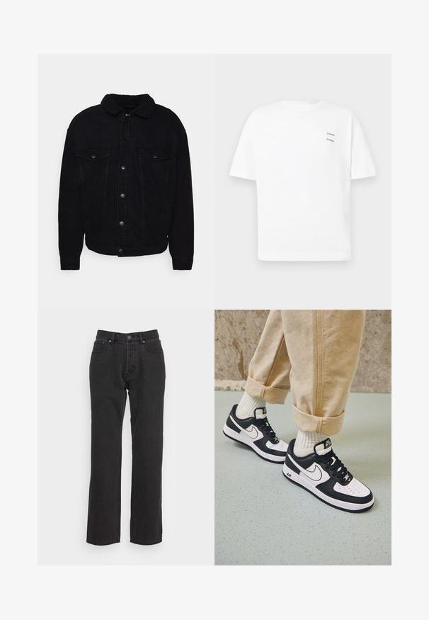 Veste en denim noir avec un col en sherpa doux, deux poches poitrine, fermeture à boutons et coutures visibles sur les manches et l'ourlet.; T-shirt blanc en coton avec une coupe décontractée, des manches courtes et un col en V. Présente deux petits logos noirs imprimés sur le côté gauche.; Jean en denim noir avec une coupe droite, dotés d'une fermeture à bouton à l'avant, de passants de ceinture et de deux poches latérales. Tissu texturé.; Baskets Nike Air Force 1 en noir et blanc avec un dessus en cuir, orteil perforé et détail de semelle texturée, portées avec un pantalon beige retroussé et des chaussettes blanches.