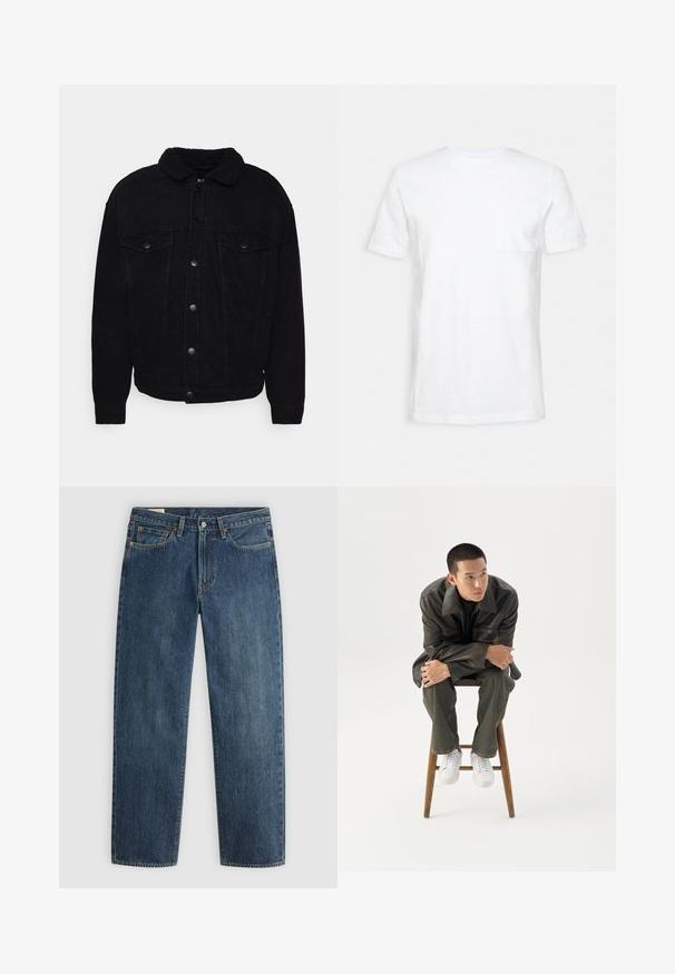 Veste en denim noir avec un col en sherpa doux, deux poches poitrine, fermeture à boutons et coutures visibles sur les manches et l'ourlet.; T-shirt blanc à manches courtes dans un design classique, doté d'une poche poitrine. Fabriqué en tissu doux et texturé. Style simple et polyvalent.; Jean en denim bleu foncé avec une coupe droite, cinq poches, couture visible et fermeture à bouton métallique à la taille. Tissu de poids moyen.; Jeune homme en veste en cuir foncée et jean, assis sur un tabouret en bois, penché en avant, les bras croisés, regardant sur le côté sur fond blanc.