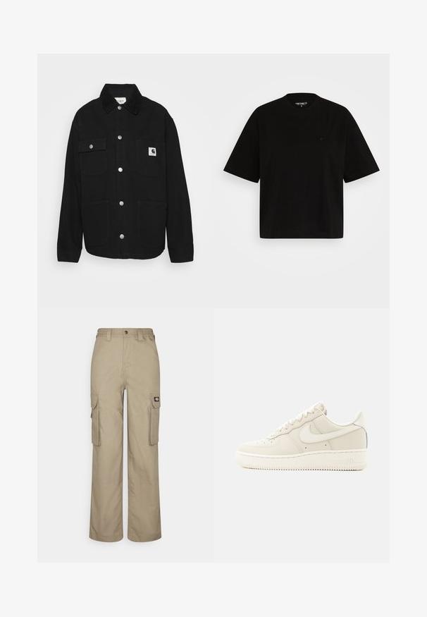 Veste noire en tissu robuste, avec un col, des boutons-pression, deux poches poitrine et un patch logo sur la poche gauche.; T-shirt en coton noir avec une coupe décontractée, manches courtes, col rond, et un petit logo sur la poitrine gauche.; Pantalons cargo beiges en tissu durable, offrant une coupe décontractée, plusieurs poches latérales et une taille élastique avec une fermeture à bouton.; Baskets Nike Air Force 1 beige à tige basse avec fermeture à lacets et semelle en caoutchouc, vues de côté extérieur sur un fond blanc.