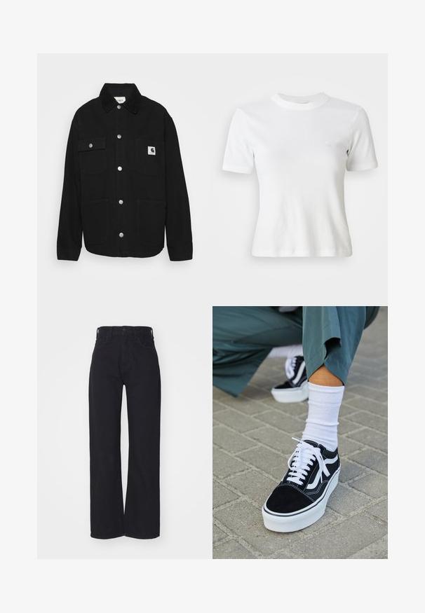 Veste noire en tissu robuste, avec un col, des boutons-pression, deux poches poitrine et un patch logo sur la poche gauche.; T-shirt blance à manches courtes en côte, avec un col rond et un petit logo sur la poitrine. Fabriqué en tissu doux avec une coupe ajustée.; Jeans noirs taille haute à jambes larges avec fermeture à bouton et zip à l'avant, passants de ceinture et deux poches avant sur fond blanc.; Baskets en suède noir avec des accents et des lacets blancs, présentant une épaisse semelle blanche et des coutures contrastantes, associées à une chaussette blanche.