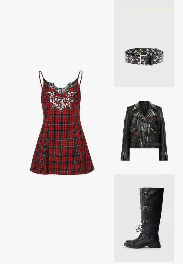 Zwarte leren motorjack met zilveren studs op de kraag, meerdere geborduurde patches, een asymmetrische rits en een ceintuur in de taille.; Rood en zwart geruit mouwloos jurkje met dunne bandjes, kanten rand bij de hals en een wit grafisch ontwerp op de borst.; Zwarte leren kniehoog laars met vetersluiting aan de voorkant, drie gespsaccenten, ronde neus en lage blokhak. Veilige textuur met een matte afwerking.; Zwarte leren riem met meerdere zilveren metalen oogjes en een rechthoekige zilveren gesp, opgerold op een effen lichte achtergrond.