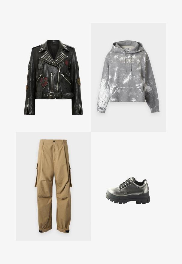 Veste de moto en cuir noir avec des clous argentés sur le col, plusieurs patchs brodés, fermeture éclair asymétrique et taille ceinturée.; Sweat à capuche gris avec motif éclaboussé de javel blanc, poche kangourou devant, capuche à cordon, et motif numéro style calendrier sur la poitrine.; Pantalons cargo kaki en tissu léger, avec des poches cargo latérales, une fermeture à bouton et des poignets élastiques aux chevilles.; Chaussure en cuir noir avec un bout rond, semelle en caoutchouc épais et lacets noirs. Présente un dessus lisse et un logo sur le côté.
