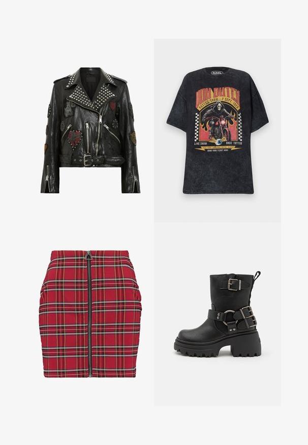Zwarte leren motorjack met zilveren studs op de kraag, meerdere geborduurde patches, een asymmetrische rits en een ceintuur in de taille.; Zwart Von Dutch T-shirt met een afbeelding van een skelet dat op een motor rijdt, vlammen, geruite vlaggen en evenementdetails in rood en geel.; Rode geruite mini-rok met slim fit, met een rits aan de voorkant, afwisselende witte en gele lijnen, en geplooide details aan de zijkanten.; Zwarte leren enkellaars met een robuuste zool, gespsluiting en bandaccenten, en een gestructureerde afwerking. Voorzien van een trekstrip voor eenvoudig aan- en uittrekken.