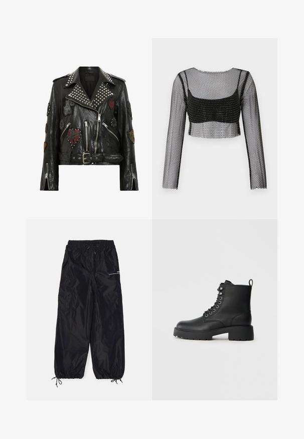 Schwarze Lederbikerjacke mit silbernen Nieten am Kragen, mehreren gestickten Patches, asymmetrischem Reißverschluss und Gürtelbund.; Schwarzes Mesh-Crop-Top mit langen Ärmeln, das ein Fischnetzdesign und ein schwarzes Unterteil hat. Die Kanten sind roh und leicht ausgefranst.; Schwarze Cargo-Hosen aus glänzendem Nylon mit elastischem Bund, verstellbarem Kordelzug, Seitentaschen und elastischen Bundabschlüssen.; Schwarze Lederstiefeletten mit runder Zehenpartie, Schnürung und einer robusten, strukturierten Sohle. Mit einer Zuglasche an der Rückseite.