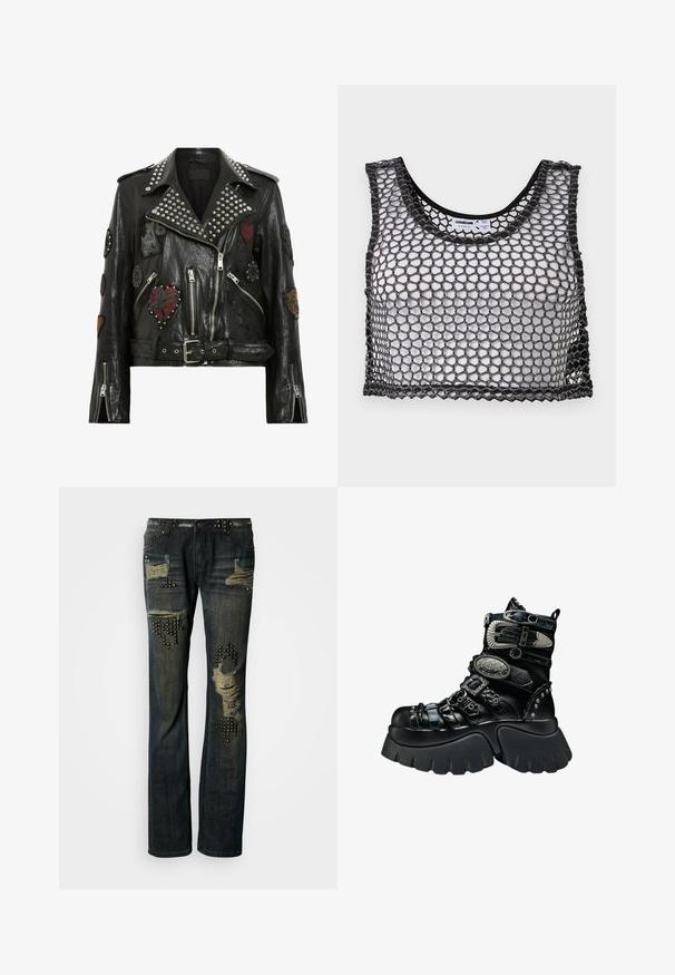 Schwarze Lederbikerjacke mit silbernen Nieten am Kragen, mehreren gestickten Patches, asymmetrischem Reißverschluss und Gürtelbund.; Schwarzes ärmelloses Crop-Top mit weitem Netzgewebe und gezackten Kanten, flach ausgebreitet mit Blick auf die Vorderseite und die inneren Etikett-Details.; Dunkelblaue Jeans aus Denim mit abgenutzten Flecken, metallischen Nieten an den Taschen und lockerem Schnitt. Verfügt über ausgefranste Kanten und einen Knopfverschluss.; Schwarzer Plateau-Stiefel mit dicker Sohle, mehreren strukturierten Riemen, silbernen Schnallen, dekorativen Metallelementen und genieteten Details.