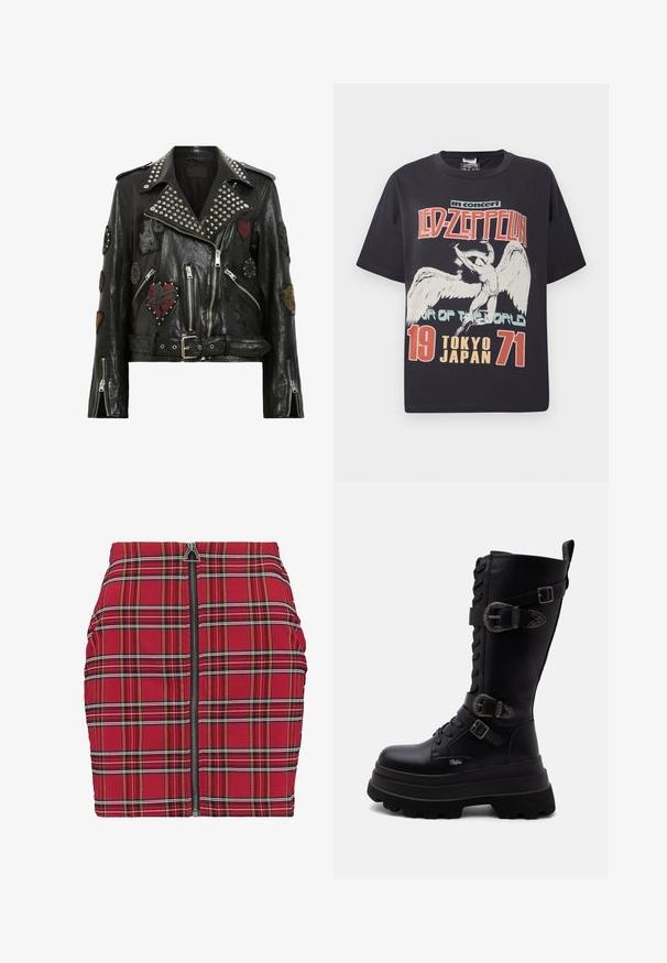 Sort læder bikerjakke med sølvnitter på kraven, flere broderede mærker, asymmetrisk lynlås og bælte i taljen.; Sort bomulds T-shirt med et stort grafisk print af en engel med teksten "Led Zeppelin i koncert Verdens Tour Tokyo Japan 1971."; Rød rutet mini nederdel med slim pasform, der har en frontlynlås, vekslende hvide og gule linjer samt rynkede detaljer på siderne.; Sort midt-kalv kampstøvle med chunky platåsål, snørebånd foran og tre dekorative spænder på siden.