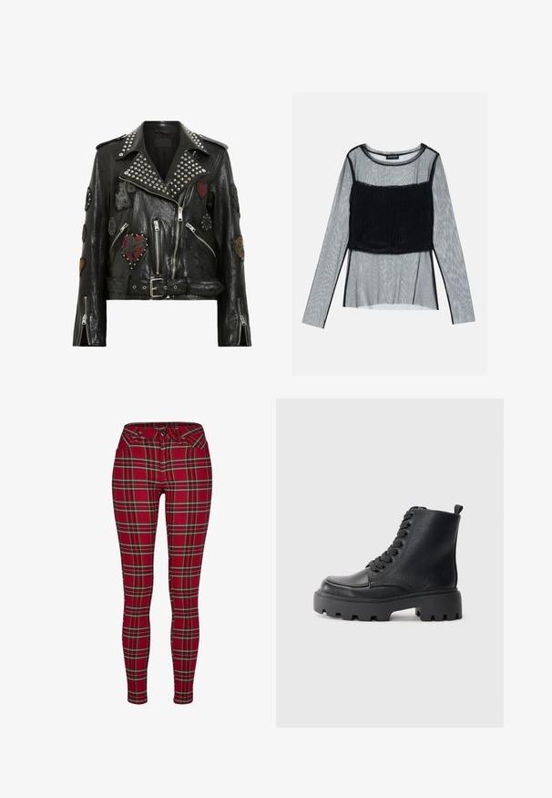 Veste de moto en cuir noir avec des clous argentés sur le col, plusieurs patchs brodés, fermeture éclair asymétrique et taille ceinturée.; Haut à manches longues en mesh noir, doté d'un corsage froncé ajusté avec un revêtement texturé, un col rond et des manches transparentes.; Jeans skinny à carreaux rouges avec une coupe ajustée, ornés de lignes jaunes et noires, avec une fermeture à bouton et des poches avant standard.; Botte de combat en cuir noir avec semelle épaisse à crans, bout rond, languette à l'arrière et système de laçage à l'avant sur un fond gris clair uni.