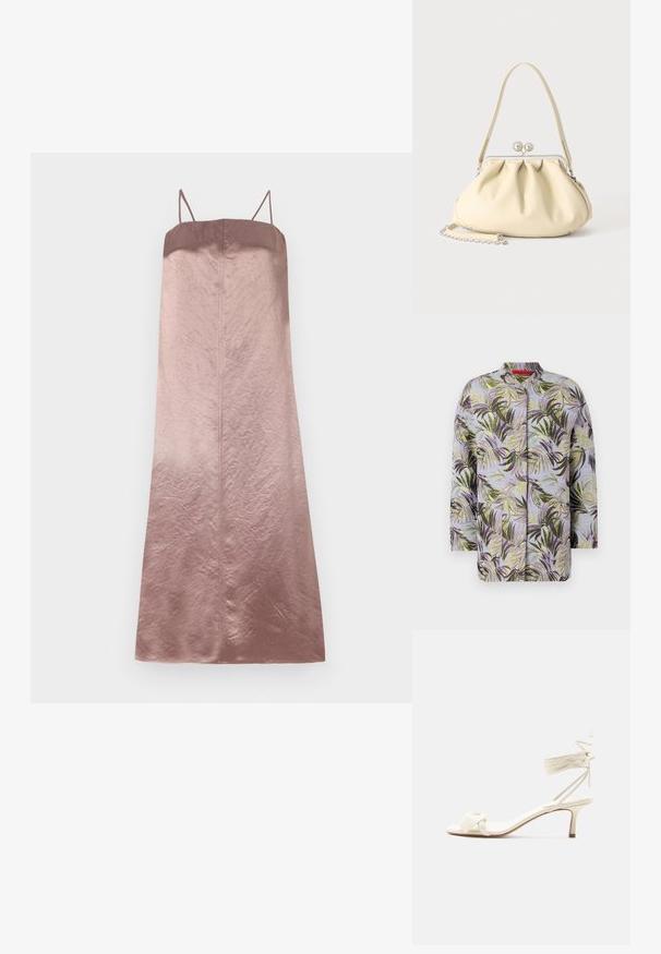 Veste matelassée avec un motif botanique présentant des feuilles vertes et violettes sur un fond bleu clair. Encolure ronde, sans fermeture visible.; Robe midi en satin dégradé de teintes de rose, avec des bretelles fines et une texture lisse, légèrement froissée, offrant une silhouette droite.; Sandale à talon bas de couleur crème avec des liens à nouer autour de la cheville et une large bride torsadée sur les orteils, sur un fond blanc uni.; Sac à main en cuir souple couleur crème avec un design froncé, fermoir cadre argenté, poignée courte et bandoulière chaîne amovible.