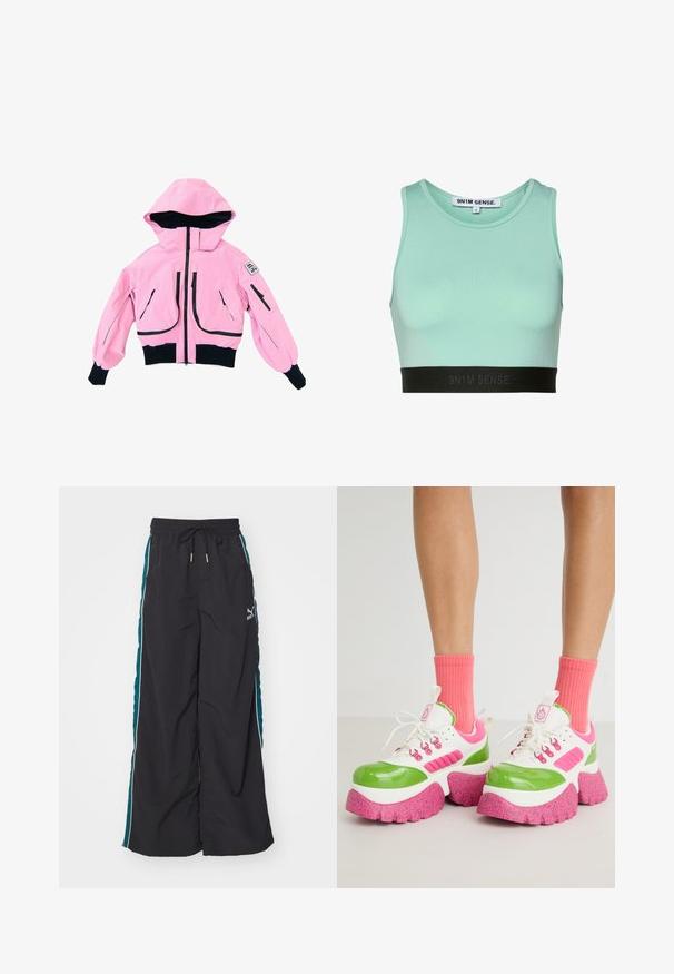 Veste courte rose avec capuche, dotée d'une fermeture éclair noire et de détails noirs, deux grandes poches avant et des poignets élastiques. Texture lisse.; Crop top de sport vert menthe avec un col rond. Doté d'une bande élastique noire avec le nom de la marque, fabriqué en matériau extensible. Conçu pour le confort.; Pantalons larges noirs avec une taille à cordon de serrage, des panneaux latéraux teal et des rayures blanches. Fabriqués à partir d'un matériau lisse et léger.; Des sneakers chunky avec une tige glossy verte et blanche, des accents roses et une semelle texturée rose mouchetée. Portés avec des chaussettes rose vif.