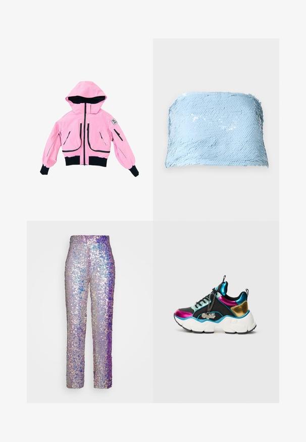 Veste courte rose avec capuche, dotée d'une fermeture éclair noire et de détails noirs, deux grandes poches avant et des poignets élastiques. Texture lisse.; Haut sans manches de couleur bleu clair en tissu à sequins. Présente une surface texturée avec des sequins ronds superposés pour un éclat supplémentaire.; VACLAV IRRIDESCENT SEQUIN PANTS - Pantalon classique - purple; Baskets épaisses en tissu noir avec des panneaux métalliques rose, bleu et or, semelle blanche, lacets noirs et une chaîne argentée avec une étiquette "Buffalo".
