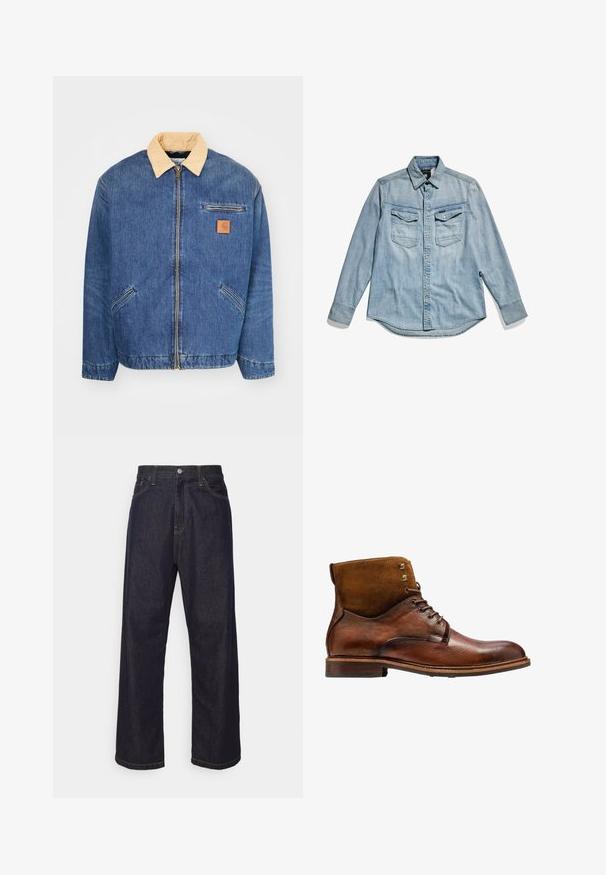 Denimjas met een lichtbruine kraag, voorrits en twee zijzakken. Kenmerkt zich door een klein bruin logopatch op de borst.; Lichtblauwe denim overhemd met lange mouwen, knoopsluiting aan de voorkant, twee borstzakken en een klassieke kraag. Zachte textuur met een casual ontwerp.; Donkerblauwe rechte spijkerbroek met gele stiksels, voorknop, ritssluiting en vijf pocket ontwerp.; Kazar ALID - Veterboots - brown