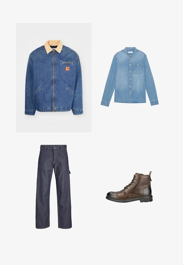 Denimjacke mit einem hellbraunen Kragen, vorderem Reißverschluss und zwei seitlichen Taschen. Mit einem kleinen braunen Logopatch auf der Brust.; Hellblaues Denim-Hemd mit Knopfleiste, langen Ärmeln, spitzem Kragen, einer Brusttasche und dezentem Verblassen des Stoffes.; Dunkelblaue Jeanshose mit geradem Schnitt, vorderem Knopfverschluss, kontrastierender Naht und seitlichem Taschen-detail.; Braune Leder-Ankle Boots mit einer abgerundeten Spitze, Schnürung vorne und einer Schlaufe zum Anziehen hinten. Mit einer robusten Sohle mit Profil für besseren Halt.