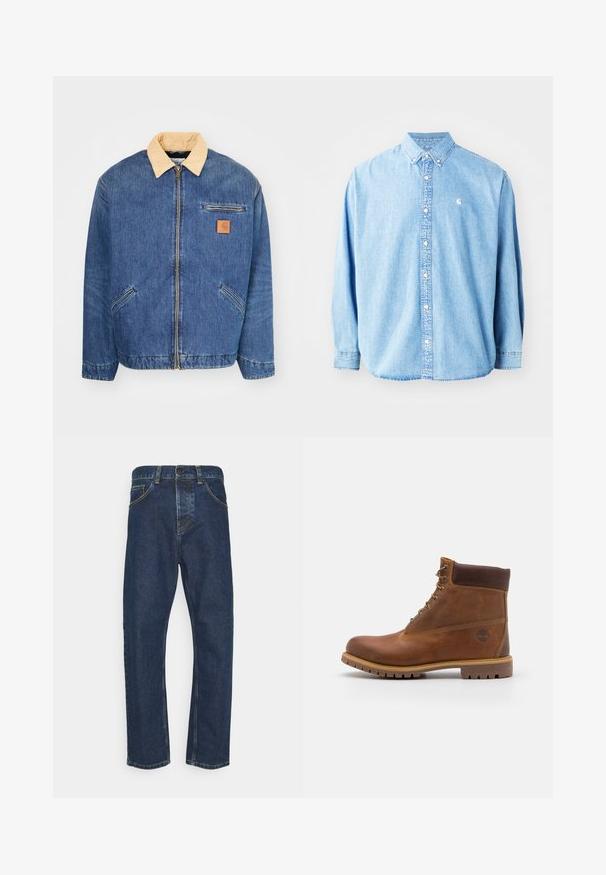 Denimjacke mit einem hellbraunen Kragen, vorderem Reißverschluss und zwei seitlichen Taschen. Mit einem kleinen braunen Logopatch auf der Brust.; Hellblaue Jeanshemd mit langen Ärmeln, spitzem Kragen und kleinem Logo auf der linken Brust. Hat eine lockere Passform und ein klassisches Design.; Dunkelblaue gerade geschnittene Jeans mit vorderem Knopf, Reißverschluss und Taschen, vor einem weißen Hintergrund präsentiert.; Braune Lederwanderschuhe mit glatter Oberfläche, gepolstertem Knöchel, Metallösen und einer Gummisohle mit robustem Profil.