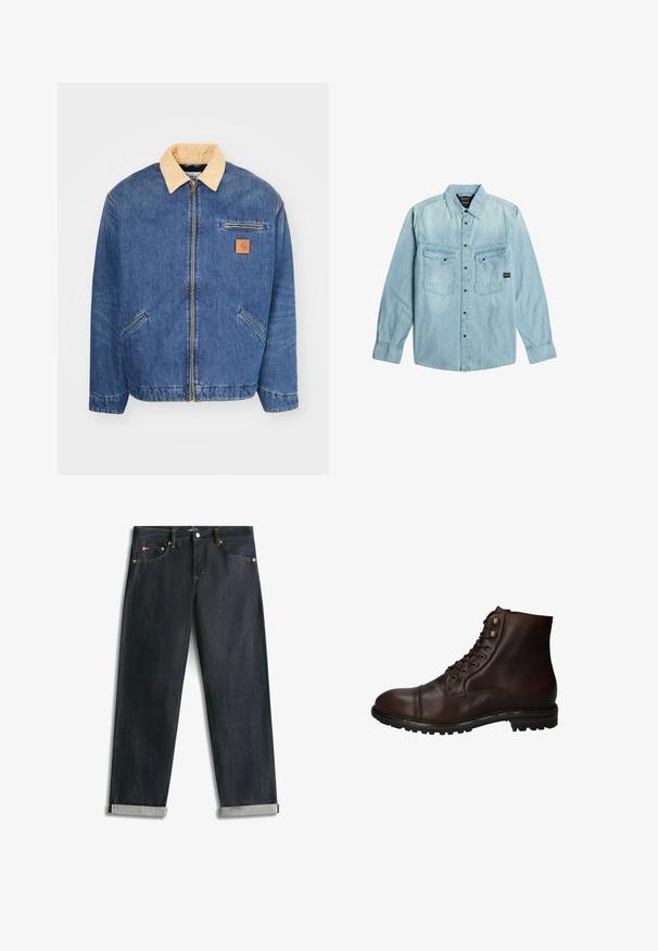 Denimjacke mit einem hellbraunen Kragen, vorderem Reißverschluss und zwei seitlichen Taschen. Mit einem kleinen braunen Logopatch auf der Brust.; Hellblaues Denim-Hemd mit langen Ärmeln, Knopfverschluss, zwei vorderen Pattentaschen mit Knöpfen und klassischem Kragen.; Dunkelblaue Denim-Jeans mit umgeschlagenen Bündchen, fünf Taschen und kontrastierender Naht, flach auf weißem Hintergrund liegend.; Dunkelbraune Leder Schnürstiefelette mit robustem Gummisohlen und Metallösen, von der Außenseite betrachtet.