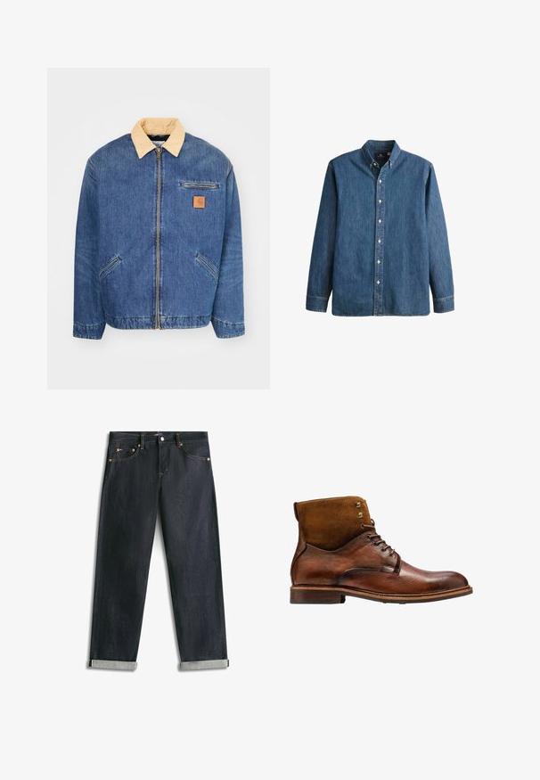 Denimjacke mit einem hellbraunen Kragen, vorderem Reißverschluss und zwei seitlichen Taschen. Mit einem kleinen braunen Logopatch auf der Brust.; Denim-Hemd in Mittelblau, mit langen Ärmeln, spitzem Kragen, weißen Knöpfen und einer taillierten Passform sowie dezentem Logostick.; Dunkelblaue Denim-Jeans mit umgeschlagenen Bündchen, fünf Taschen und kontrastierender Naht, flach auf weißem Hintergrund liegend.; Kazar ALID - Schnürstiefelette - brown