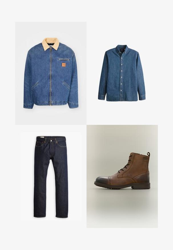 Denimjas met een lichtbruine kraag, voorrits en twee zijzakken. Kenmerkt zich door een klein bruin logopatch op de borst.; Denim overhemd met knopen in middelblauwe kleur, met lange mouwen, een puntkraag, witte knopen en een getailleerde pasvorm met subtiele geborduurde logo.; Donkerblauwe denim jeans met een rechte pijp, oranje stiksels en stijl met vijf zakken, voorzien van een metalen knoopsluiting.; Bruine leren enkellaars met veters, zwarte neuskap, ronde zool en merkdetail aan de zijkant tegen een effen achtergrond.