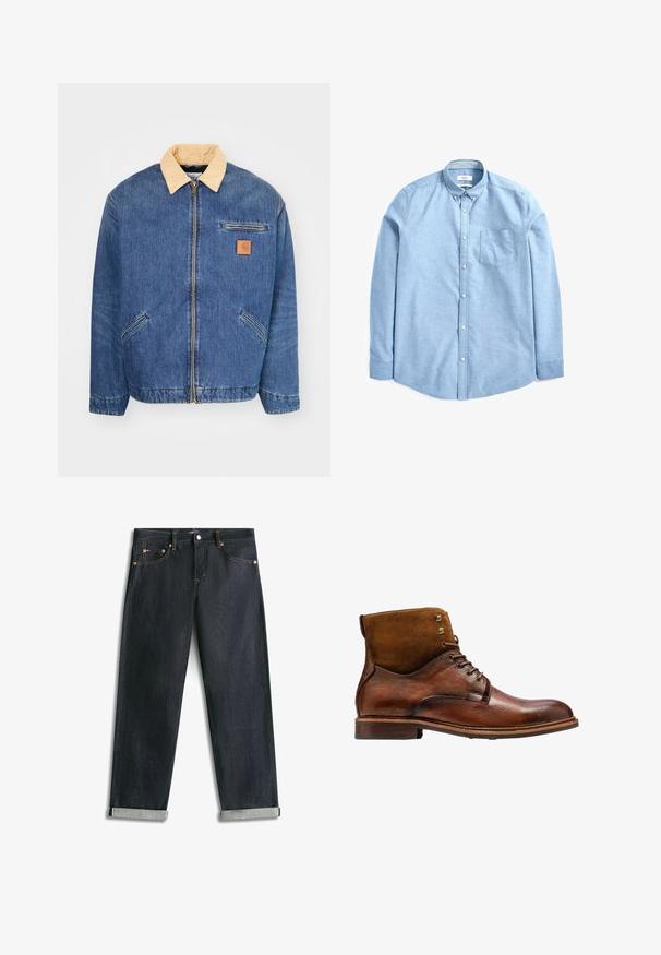 Denimjacke mit einem hellbraunen Kragen, vorderem Reißverschluss und zwei seitlichen Taschen. Mit einem kleinen braunen Logopatch auf der Brust.; Helleblaues Hemd aus Baumwolle; verfügt über einen Kragen, lange Ärmel, eine Tasche auf der linken Brust und eine glatte, texturierte Oberfläche.; Dunkelblaue Denim-Jeans mit umgeschlagenen Bündchen, fünf Taschen und kontrastierender Naht, flach auf weißem Hintergrund liegend.; Kazar ALID - Schnürstiefelette - brown