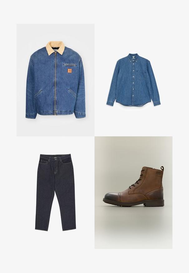 Denimjacke mit einem hellbraunen Kragen, vorderem Reißverschluss und zwei seitlichen Taschen. Mit einem kleinen braunen Logopatch auf der Brust.; Blaues Denim-Hemd mit langen Ärmeln, spitzem Kragen, weißen Knöpfen, einer einzelnen Brusttasche und geradem Saum. Gleichmäßige Textur und mittleres Gewicht.; Dunkelblaue Denim-Jeans mit geraden Beinen, Fronttaschen, Gürtelschlaufen und sichtbaren Nähten auf weißem Hintergrund.; Brauner Leder-Schnürstiefel bis zum Knöchel mit schwarzer Zehenkappe, runder Sohle und Markenlabel an der Seite vor schlichtem Hintergrund.