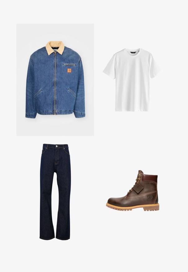 Denimjas met een lichtbruine kraag, voorrits en twee zijzakken. Kenmerkt zich door een klein bruin logopatch op de borst.; Effen wit T-shirt met korte mouwen en een ronde hals van gladde stof met een zwart label bij de kraag.; Donkerblauwe recht gesneden spijkerbroek met knoop aan de voorkant, ritssluiting, riemlussen en voorzakken.; Bruine leren enkelboot met een ronde neus, stevige zool, hardware in goudkleur en een gestructureerde bovenkant. Inclusief een merklabel dat is bevestigd.