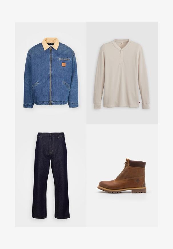Denimjas met een lichtbruine kraag, voorrits en twee zijzakken. Kenmerkt zich door een klein bruin logopatch op de borst.; Lange mouwen henley-shirt in lichtbeige ribbelstof, met een V-hals, een drieknoopsluiting en manchetten. Rode logo-label aan de onderkant.; Donkerblauwe denim jeans met rechte pijpen, voorzakken, riemlussen, ritssluiting en knoopsluiting, weergegeven tegen een eenvoudige witte achtergrond.; Bruine leren wandelschoen met een gladde afwerking, gevoerde enkel, metalen oogjes en een rubberen zool met een robuust profiel.