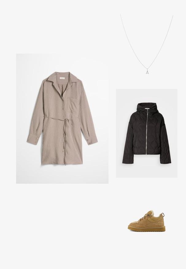 Sort quiltet jakke med hætte, udstyret med en frontlynlås og fyldig tekstur. Designet med en løs pasform og sidelommer.; Langærmet beige skjortekjole i knælængde med hvide lodrette striber, knapper foran, brystlomme, krave og bælte i taljen.; Tan suede sneakers med ribbet tekstiloverdel, teksturerede snørebånd, polstret krave og gummisål med zigzag mønster.; Sølv halskæde med en fin kæde og et vedhæng i lille bogstav "a", der har en glat overflade og minimalistisk design.