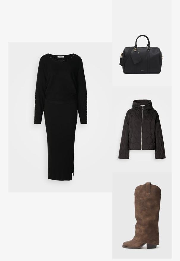 Chaqueta negra acolchada con capucha, con cremallera frontal y textura esponjosa. Diseñada con un corte holgado y bolsillos laterales.; Conjunto de dos piezas de punto negro que consiste en una blusa de manga larga con adornos de tachuelas y una falda maxi ajustada de canalé con una abertura lateral.; Botas sintéticas marrones hasta la rodilla con punta redonda y tacón ancho, que presentan un acabado de textura suave y una lengüeta en la parte superior.; Bolsa de viaje de cuero sintético negro con herrajes dorados, asas superiores dobles, correa para el hombro ajustable y un bolsillo de etiqueta removible.