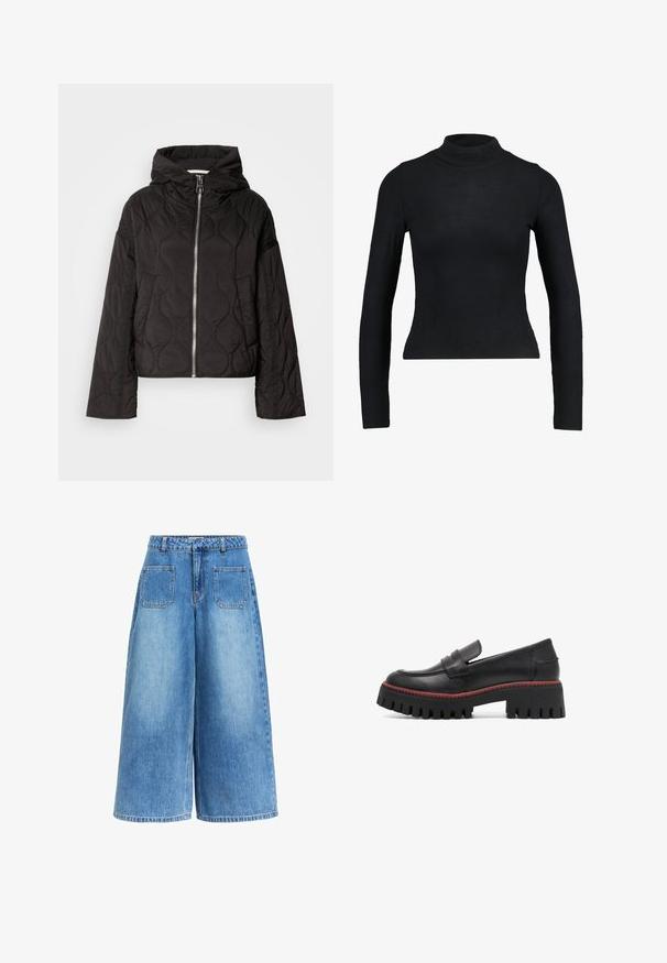 Sort quiltet jakke med hætte, udstyret med en frontlynlås og fyldig tekstur. Designet med en løs pasform og sidelommer.; Sort langærmet turtleneck top lavet af ribbet stof, med en tætsiddende design og slank silhuet. Ingen mønstre eller detaljer.; Blå vidde-leggings denim-culotter med forlommelommer, bæltestropper og høj talje.; Sorte læder loafers med en kraftig sort sål med en rød accent. Skoen har en rund tå og et elegant design.