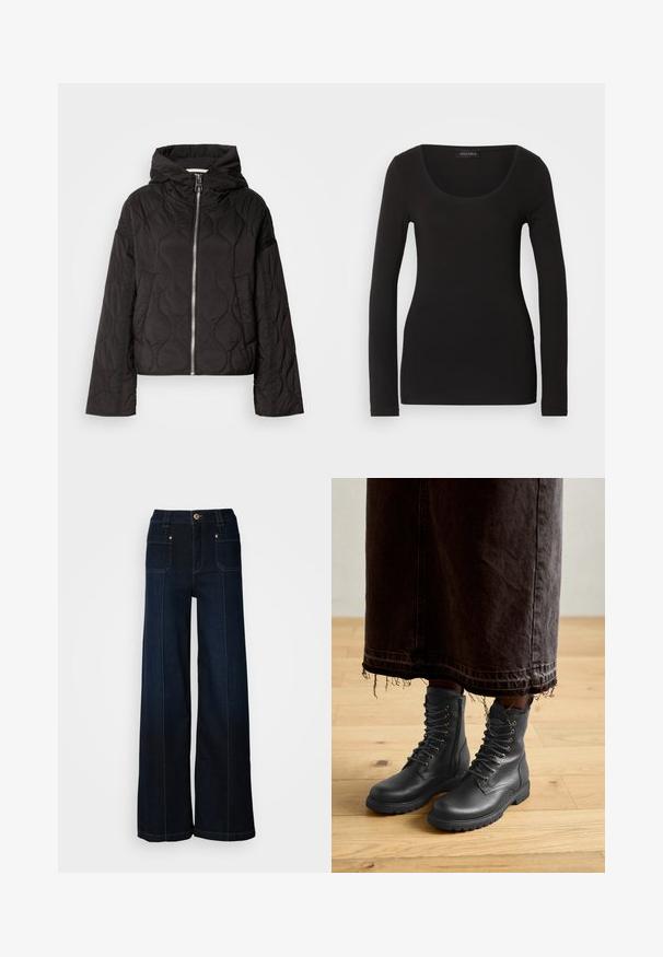 Sort quiltet jakke med hætte, udstyret med en frontlynlås og fyldig tekstur. Designet med en løs pasform og sidelommer.; Sort langærmet top med en rund halsudskæring, lavet af blødt, strækbart stof. Har en tætsiddende pasform og glat tekstur. Brandlabel synlig.; Bredde ben denimjeans i mørkeblå. Har forlommer, guldfarvet hardware og kontrasterende syninger. Glat tekstur med et afslappet design.; Sorte læder snørebåndstøvler med tekstureret overflade, midt på læggen, rundet tå og robust sål, parret med en mørk, frynset denimnederdel.