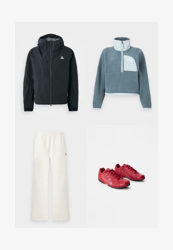 Sort hættejakke med frontlynlås, justerbare manchetter, sidelommer med lynlås og lille trekantet logo på brystet.; Blå fleecepullover med halvhøj lynlås, høj krave og lys blå brystlomme med The North Face-logo.; Cremefarvede bukser med lige ben, elastisk talje og lille rødt mærke på højre side, vist mod en ensartet lys baggrund.; Røde atletiske sko lavet af læder og ruskind, der har en struktureret overdel, snørrelukning og en sort gummisål med et buet design.